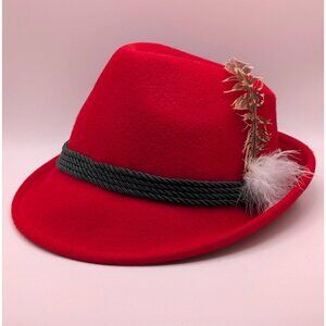Vintage Red Wool Felt Tyrolean Hat German Bavarian Feather EURO Size 55 VTG